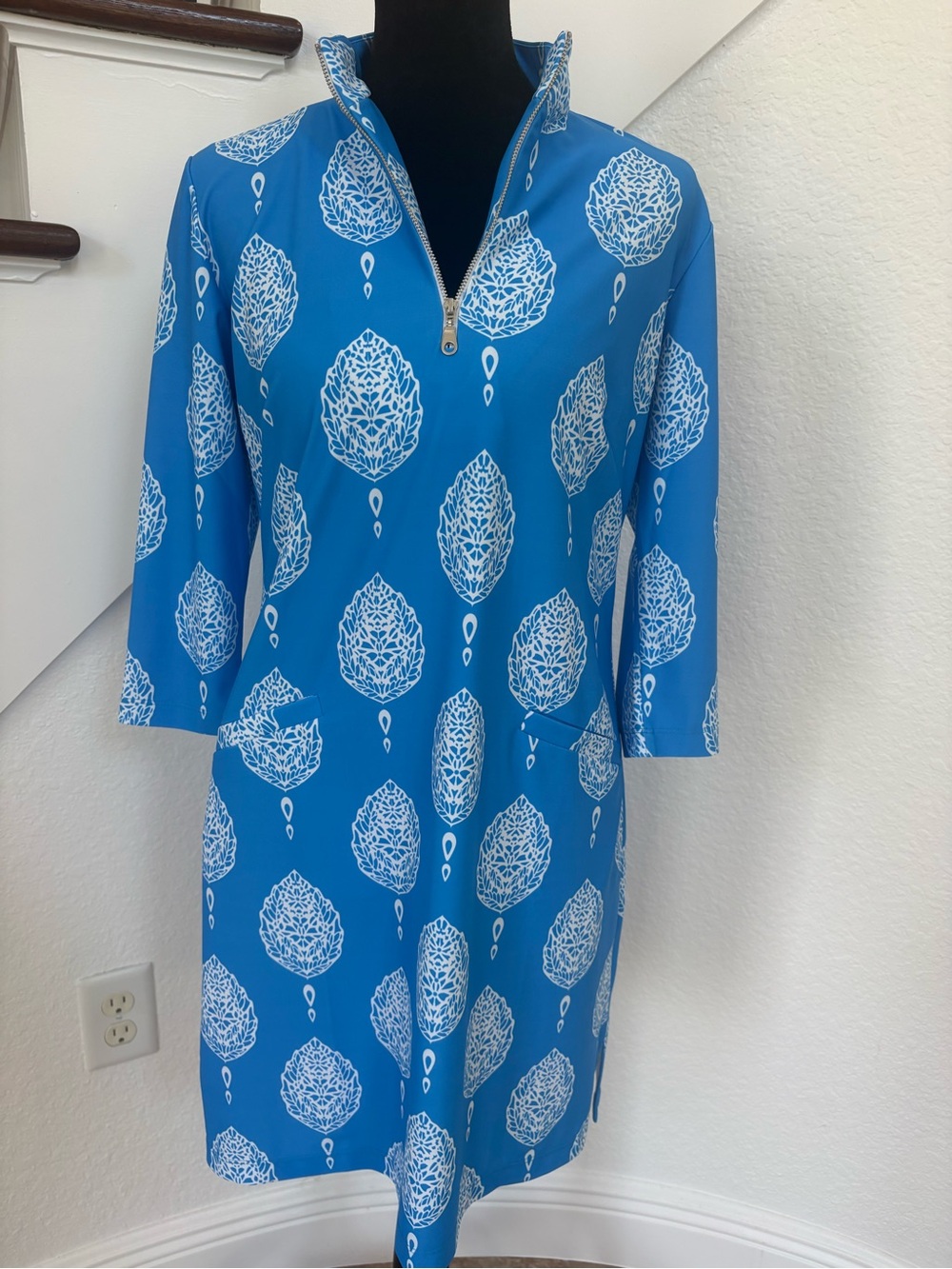 Bright Blue Printed Zip-Neck Swim Coverup Tunic/Dress